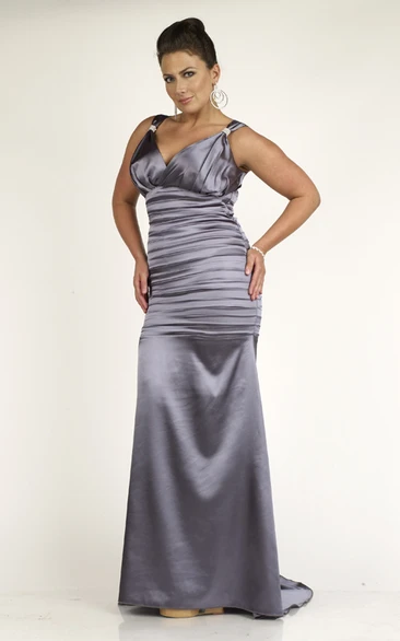 Sheath Floor-length V-neck Sleeveless Satin Ruching Sweep Train Low-V Back Dress