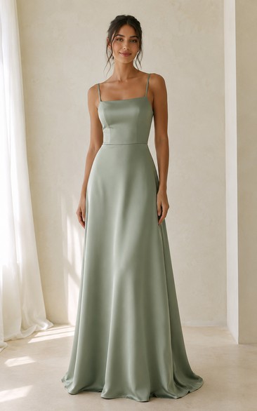 Sage Square Neck Satin A-Line Bridesmaid Dress