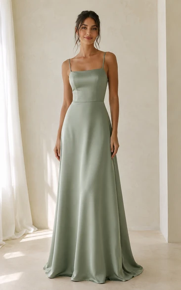 Sage Square Neck Satin A-Line Bridesmaid Dress