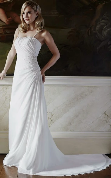 Floor-Length Spaghetti Side-Draped Chiffon Wedding Dress With Court Train