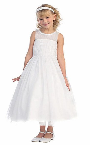 Tea-Length Bell-Sleeve Pleated Flower Girl Dress With Illusion