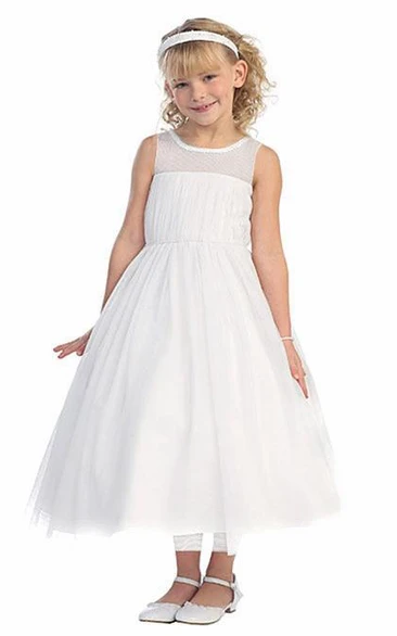 Tea-Length Bell-Sleeve Pleated Flower Girl Dress With Illusion
