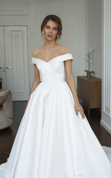 Off-the-shoulder Criss Cross Illusion Satin Wedding Dress With Illusion ...