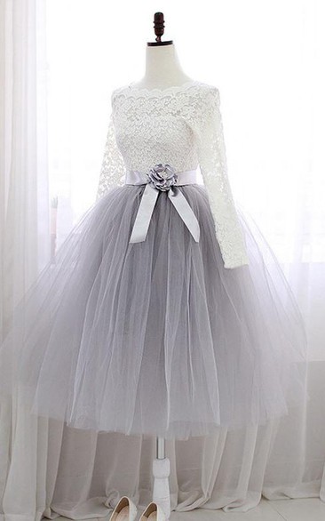A-Line Jewel Neck Lace Sashes Tea-Length Prom Dress