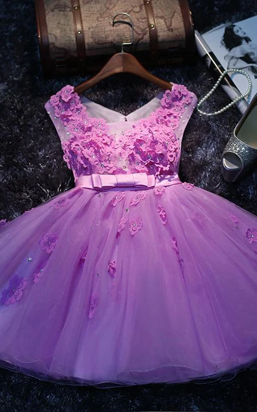 Lovely Sleeveless Appliques Short Prom Dresses Tulle Homecoming Dress