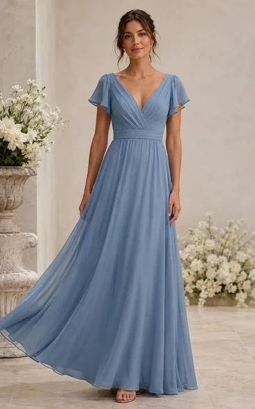 Steel Blue V-Neck Short Sleeve Chiffon A-Line Bridesmaid Dress