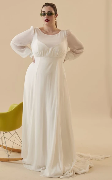 Romantic A Line Bateau Floor-length Long Sleeve Chiffon Wedding Dress 