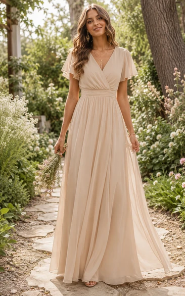 Champagne V-neck Short Sleeve A-Line Chiffon Bridesmaid Dress