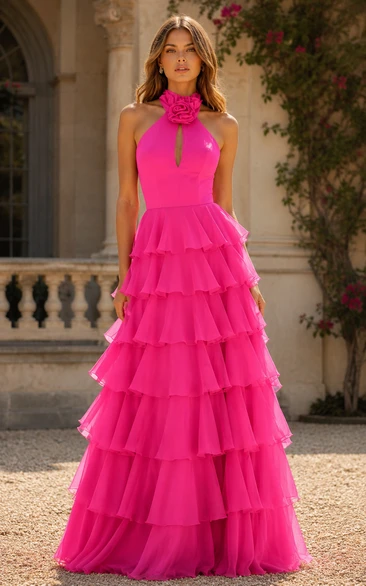 Fuchsia Halter Tiered Chiffon Formal Gown with Floral Neck Detail