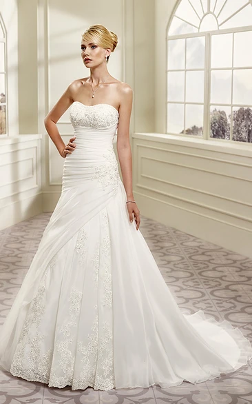 A-Line Strapless Ruched Organza&Lace Wedding Dress