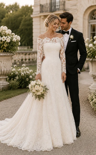 Off-shoulder All Lace A-line Gown With Long Sleeves