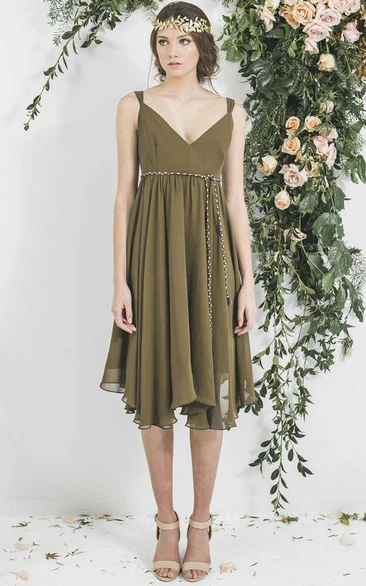 Tea-Length Sleeveless Empire Pleated V-Neck Chiffon Bridesmaid Dress With Sash