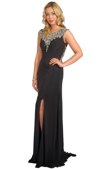 Sheath Beaded Sleeveless Scoop-Neck Floor-Length Jersey Prom Dress With Split Front