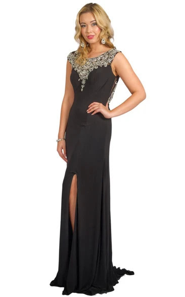 Sheath Beaded Sleeveless Scoop-Neck Floor-Length Jersey Prom Dress With Split Front