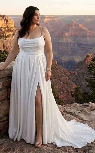 Plus Size Simple Spaghetti Strap A-Line Wedding Dress with Side Slit