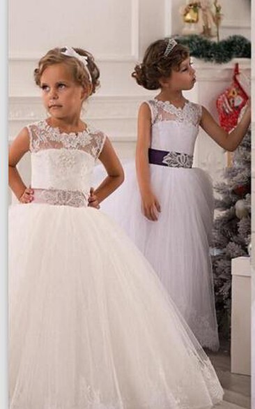 Modern Illusion Sleeveless Tulle Flower Girl Dress With Lace Appliques
