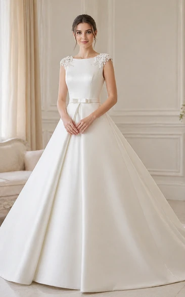 Satin Princess Solid Ball Gown Elegant Beaded Epaulet Corset Back Wedding Dress Styles with Court Train