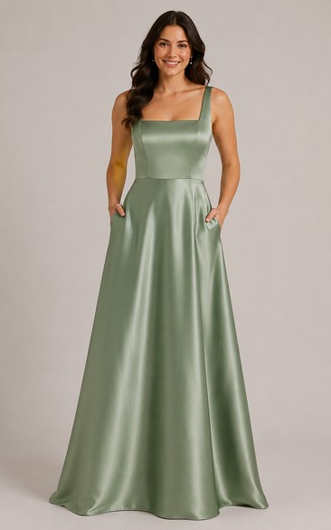 Sage Square Neck Satin A-Line Bridesmaid Dress