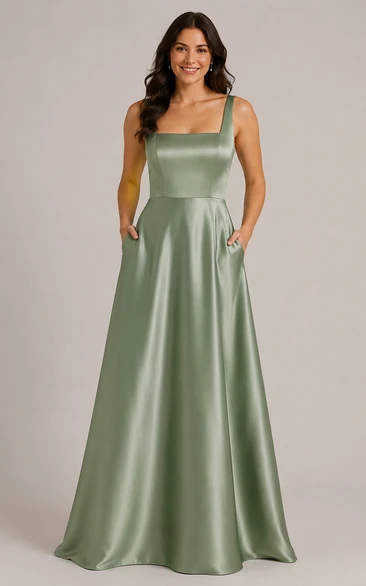 Sage Square Neck Satin A-Line Bridesmaid Dress