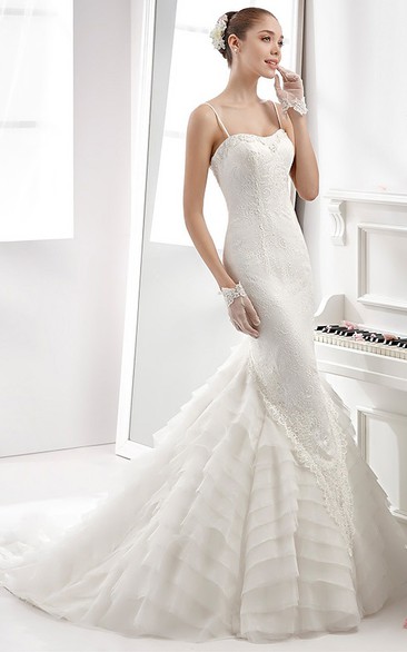 Spaghetti-Strap Sheath Mermaid Gown With Tiers Train And Backless Design