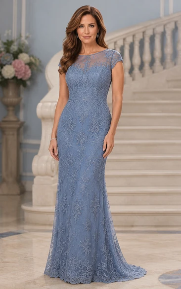 Robe sirène en dentelle bleu ardoise à manches courtes pour la mère de la mariée