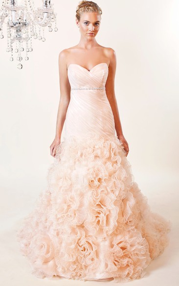 A-Line Sweetheart Jeweled Organza Wedding Dress With Criss Cross And Ruffles