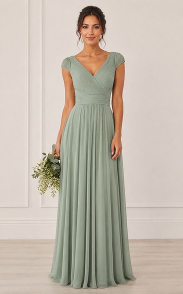 Sage V-neck Short Sleeve A-Line Chiffon Bridesmaid Dress