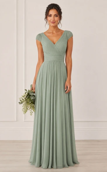 Sage V-neck Short Sleeve A-Line Chiffon Bridesmaid Dress