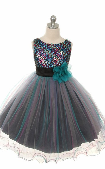 Tea-Length Pleated Tiered Sequins&Satin Flower Girl Dress