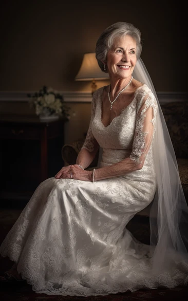 Casual V-neck Half-sleeve Sheath Lace Applique Older Bride Modest Wedding Dress