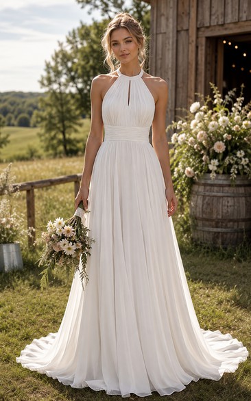 Halter A-Line Chiffon Country Wedding Dress with Open Back and Sweep Train