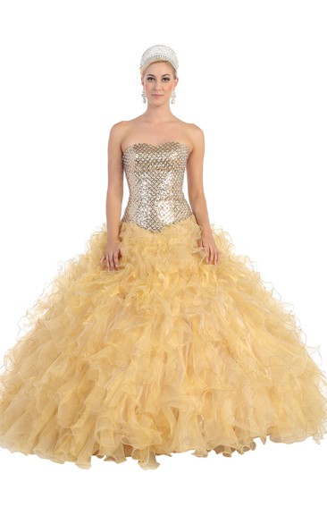 Ball Gown Maxi Strapless Organza Corset Back Dress With Ruffles And Beading