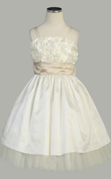 Tea-Length Spaghetti Ruffled Tiered Tulle&Taffeta Flower Girl Dress