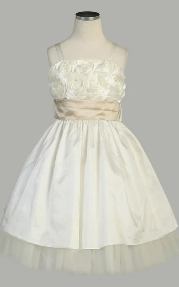 Tea-Length Spaghetti Ruffled Tiered Tulle&Taffeta Flower Girl Dress