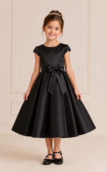 Black Tea-Length A-Line Satin Flower Girl Dress with Bow Sash