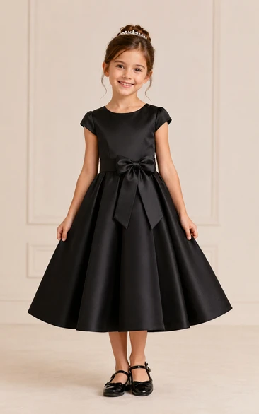 Black Tea-Length A-Line Satin Flower Girl Dress with Bow Sash