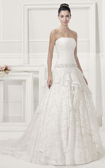 Ruched Strapless Top Layered Lace Bridal Gown With Crystal Drop Waist