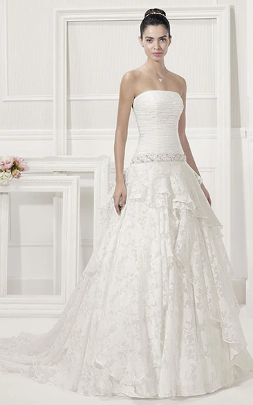 Ruched Strapless Top Layered Lace Bridal Gown With Crystal Drop Waist