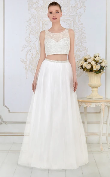 A-Line Sleeveless Floor-Length Beaded Scoop-Neck Prom Dress