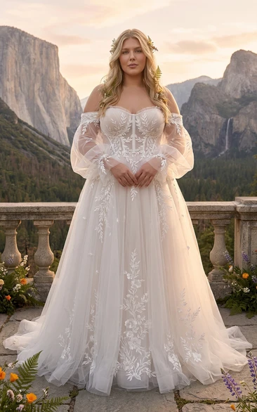 Plus Size Off Shoulder Corset Wedding Dress with Bishop Sleeves and Lace Appliques