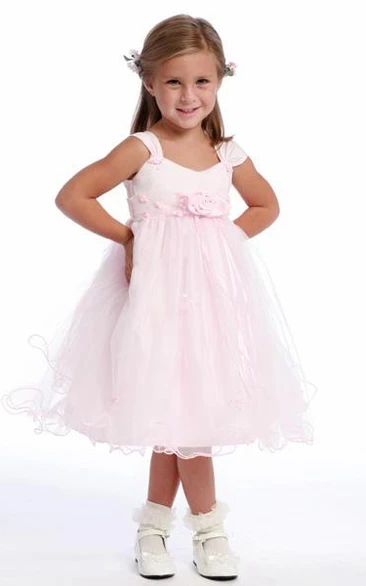 Tea-Length Floral Tulle&Satin Flower Girl Dress