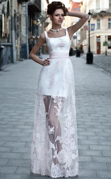 A-Line Sleeveless Square Floor-Length Appliqued Lace&Satin Prom Dress With Lace-Up Back