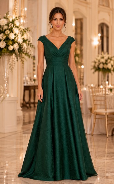 Dark Green V-neck Cap Sleeve Satin A-Line Dress