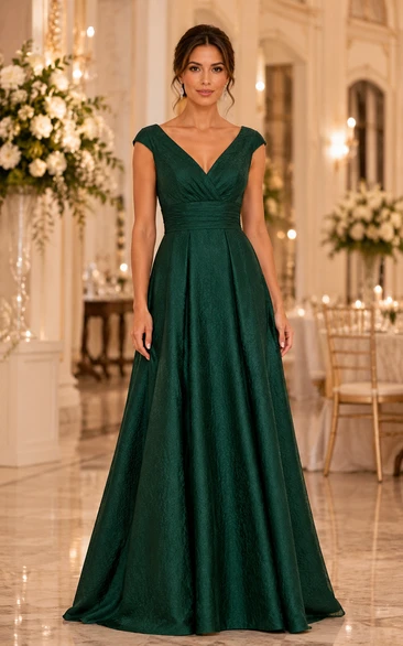 Dark Green V-neck Cap Sleeve Satin A-Line Dress