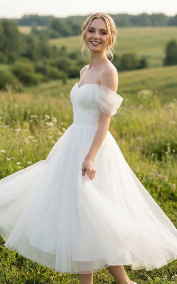 Tea Length Off Shoulder Tulle Wedding Dress with Sweetheart Neckline