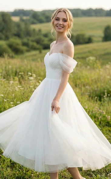 Tea Length Off Shoulder Tulle Wedding Dress with Sweetheart Neckline