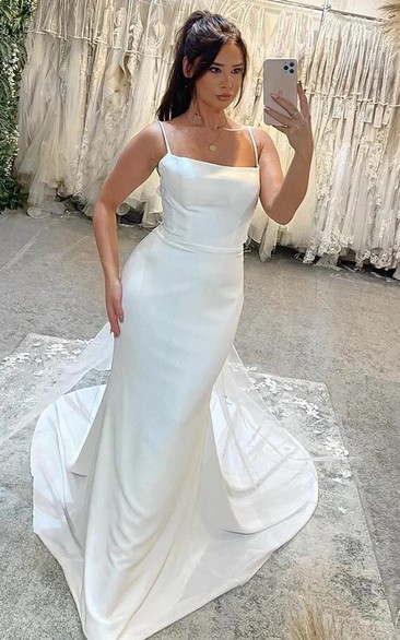 Simple Spaghetti Sheath Satin Wedding Dress with Tulle Watteau Train