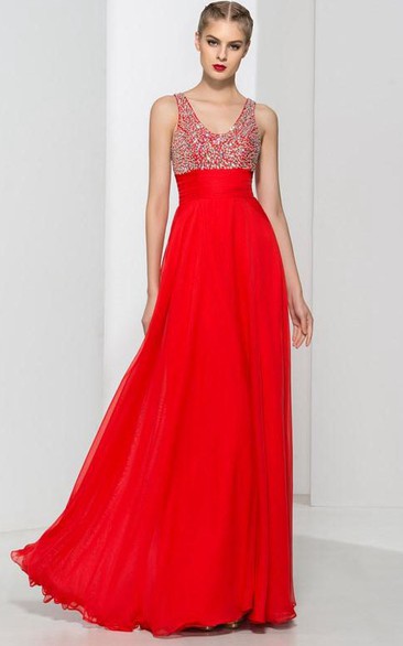 Straps Beading Pleats Criss-Cross Back Prom Dress