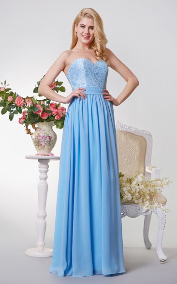 Sweetheart A-line Long Chiffon Dress With Lace Top