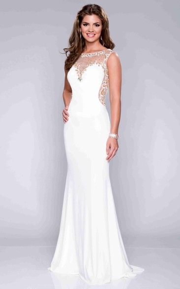 Sleeveless Bateau Neck Jersey Sheath Prom Dress With Jeweled Illusion Back